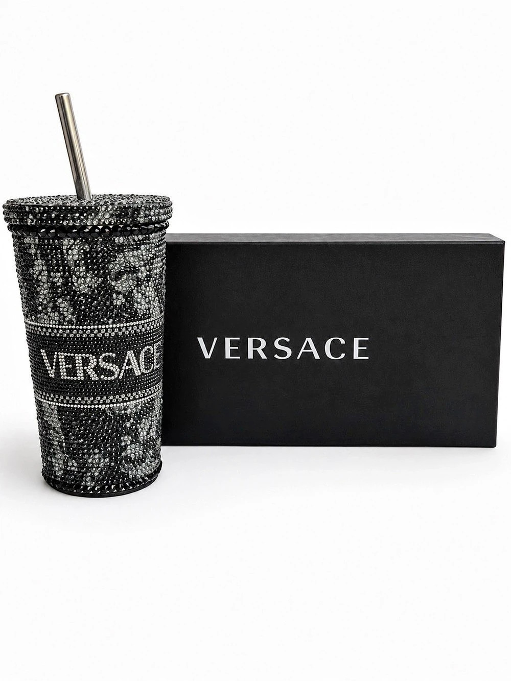 Versace Crystal Travel Cup Barocco Black & Silver NWT and Original Box